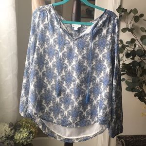 Navy patterned LS blouse with tassels